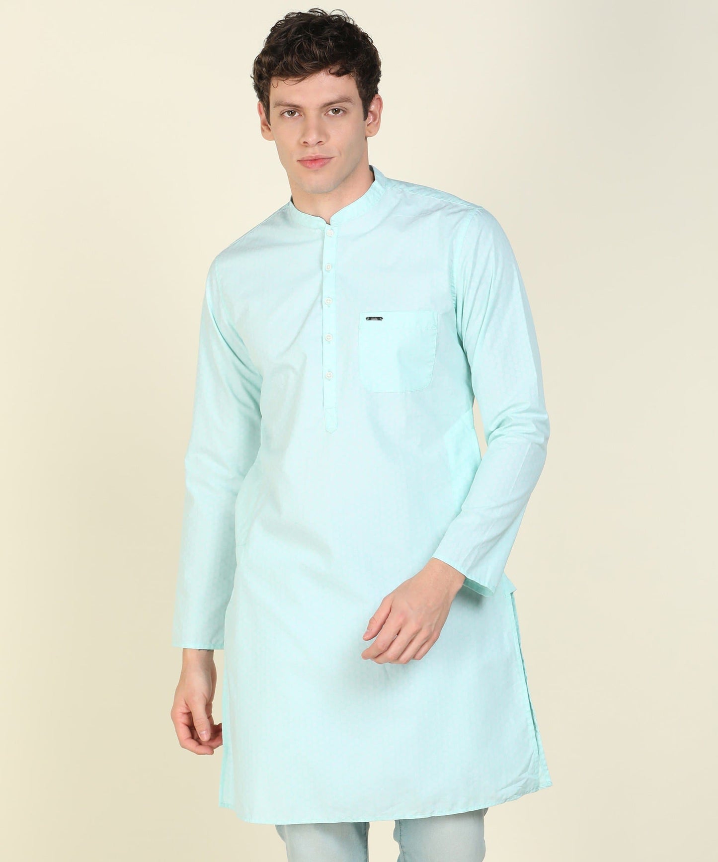 Light Green Mandarin Collar Textured Slim Fit Straight Kurta