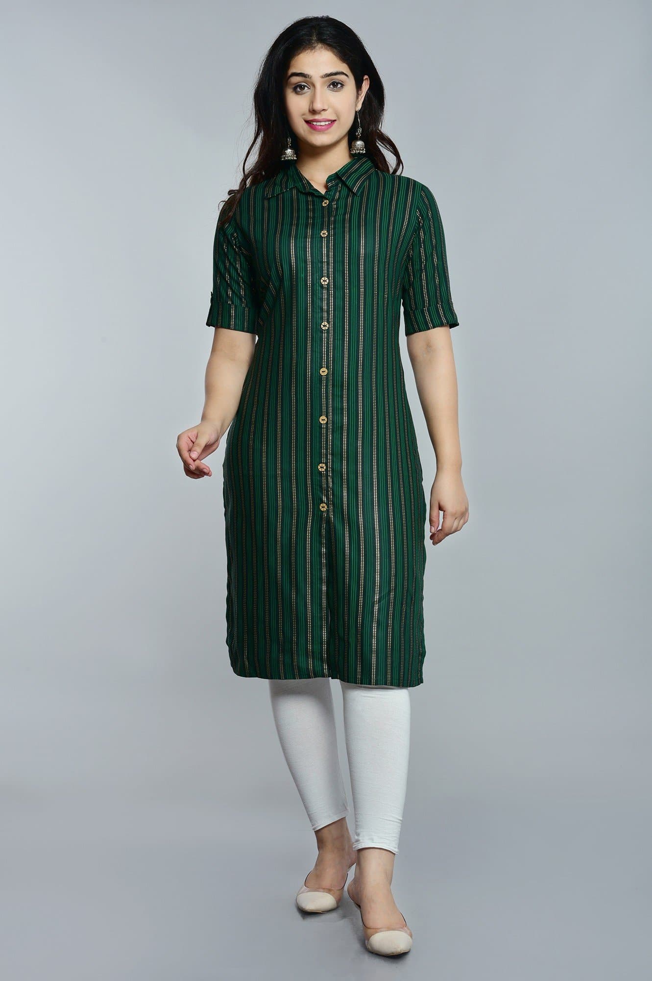 Shirt Collar Calf Length Printed Straight Kurta