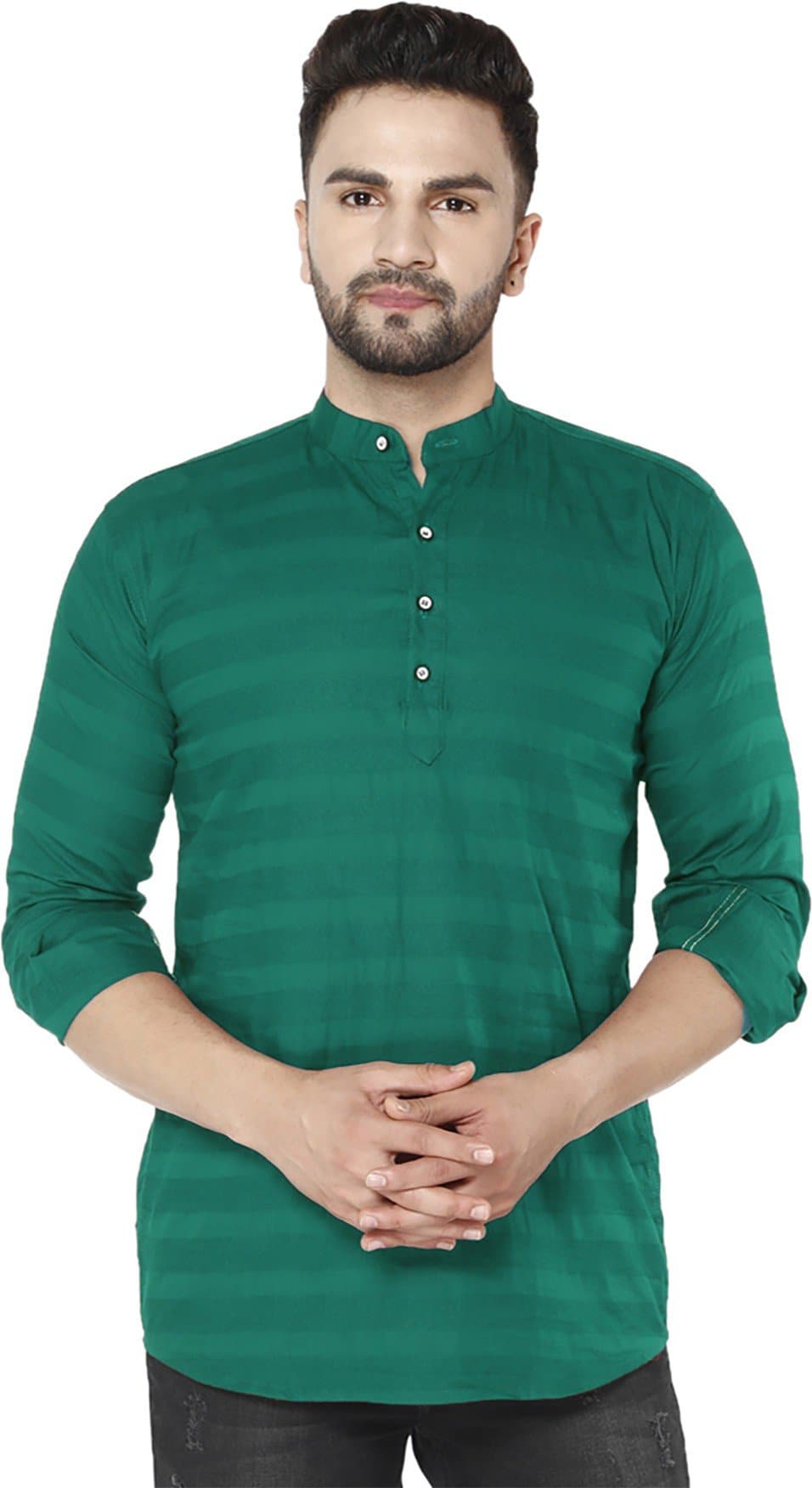 Mandarin Collar Three Quarter Sleeve Striped Straight Kurta