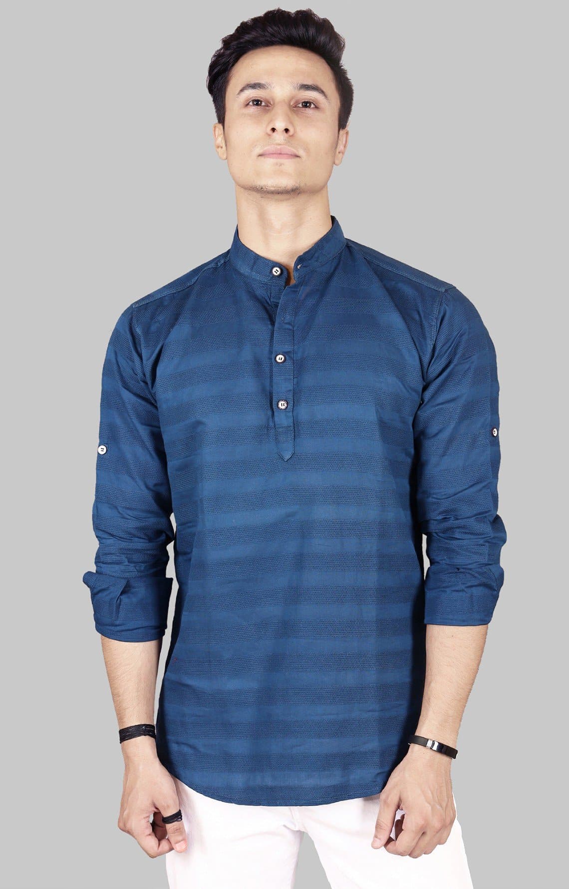 Mandarin Collar Three Quarter Sleeve Striped Straight Kurta