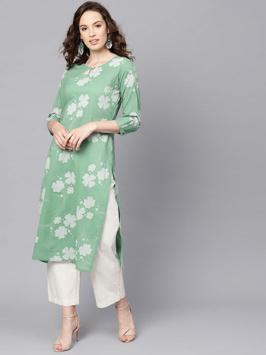 Green Three Fourth Sleeve Keyhole Neck Calf Length Printed Straight Kurta