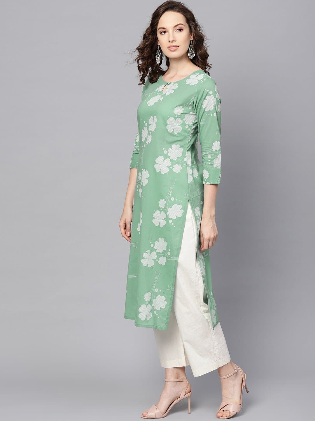 Green Three Fourth Sleeve Keyhole Neck Calf Length Printed Straight Kurta