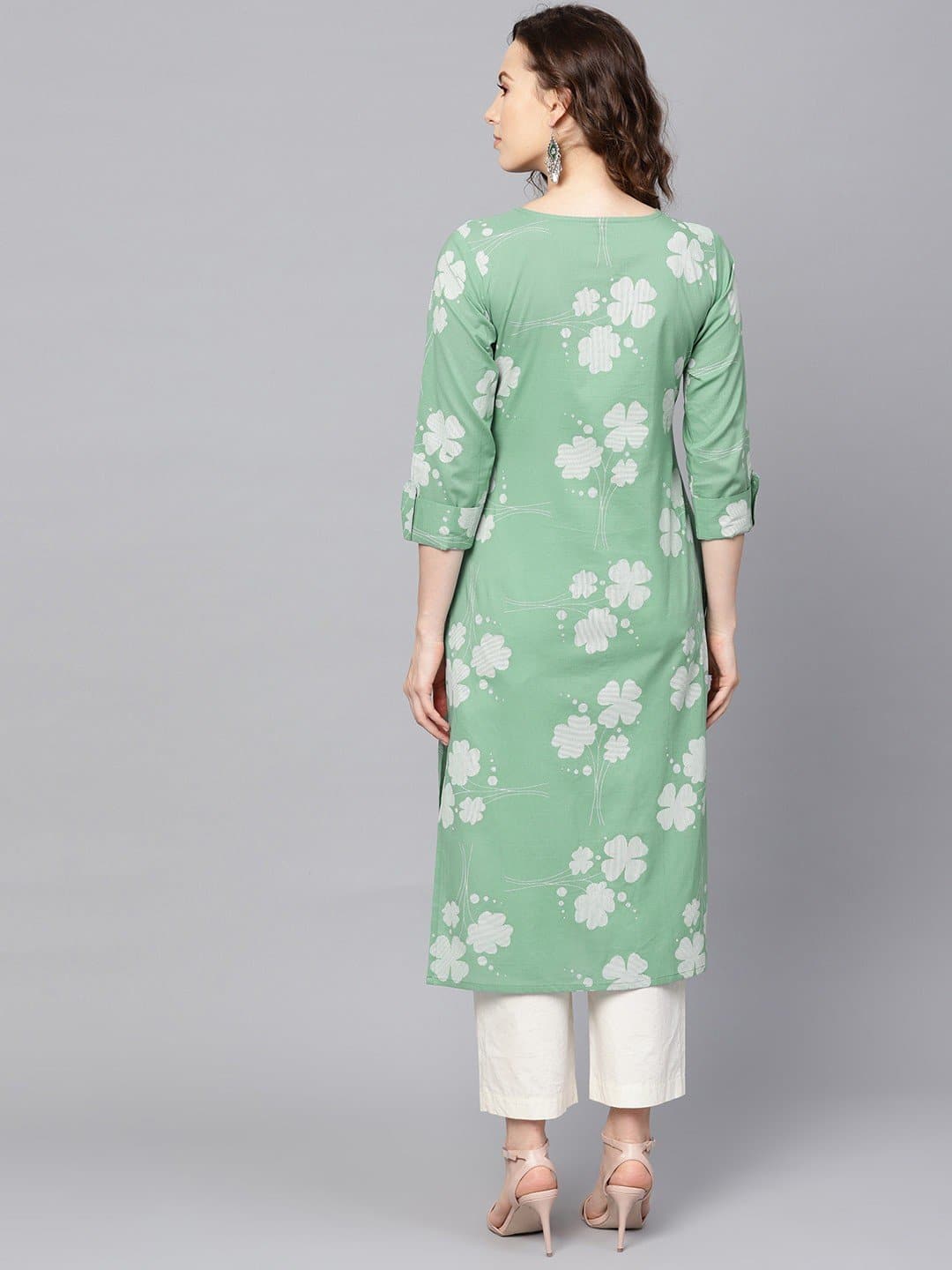 Green Three Fourth Sleeve Keyhole Neck Calf Length Printed Straight Kurta