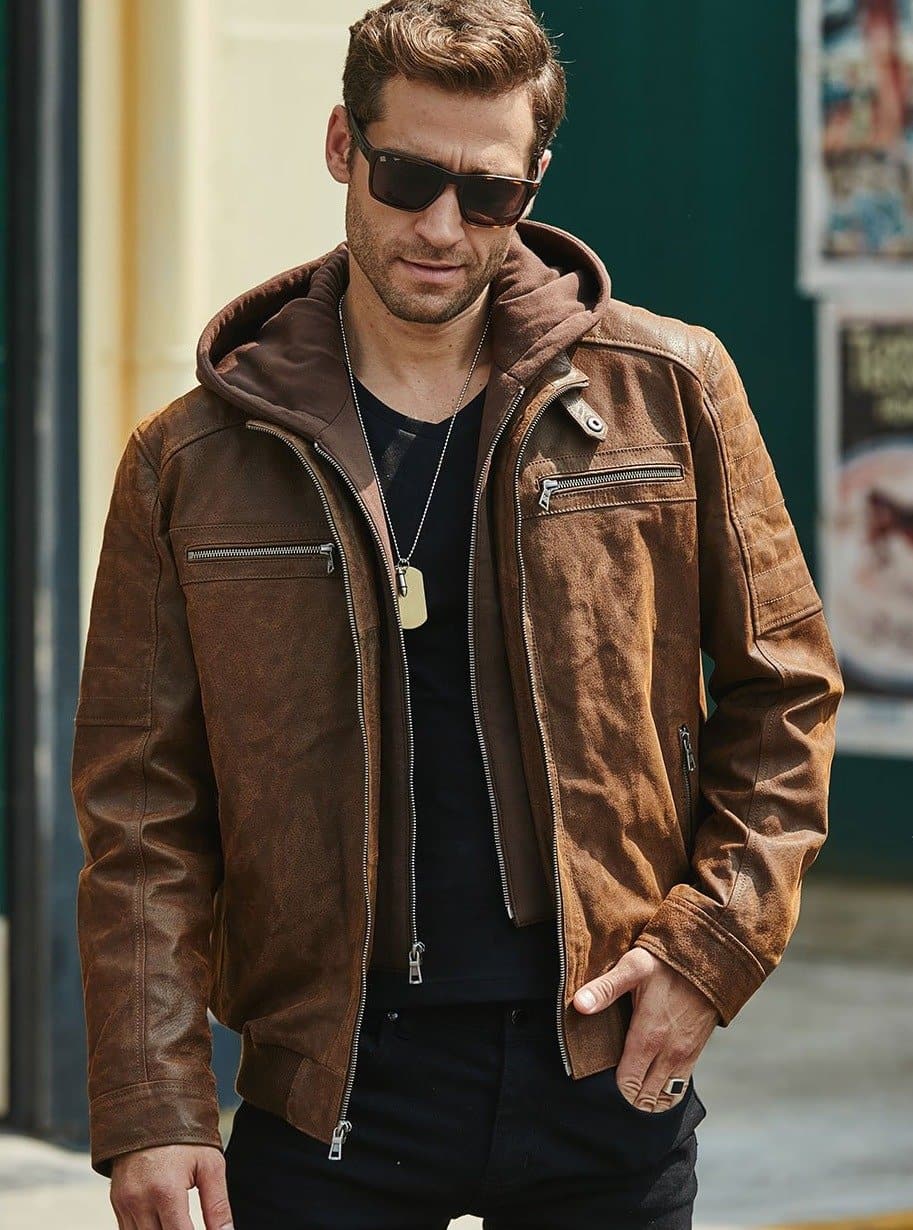 Brown Genuine Leather Jacket With A Removable Hood