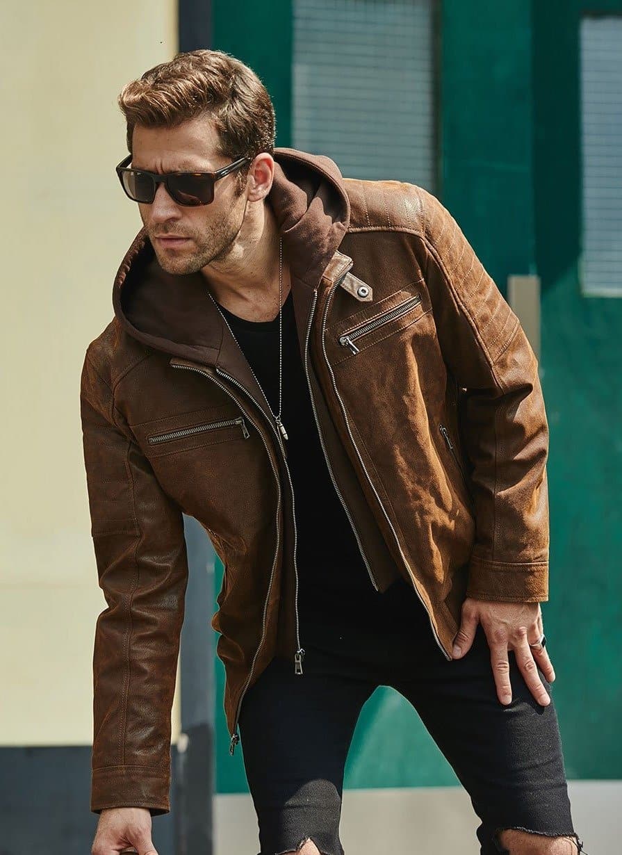 Brown Genuine Leather Jacket With A Removable Hood