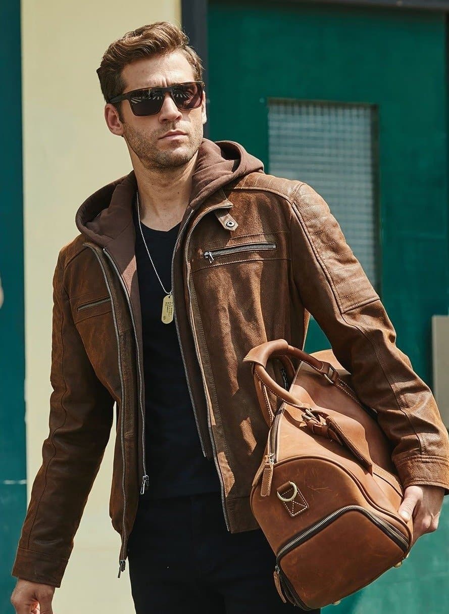 Brown Genuine Leather Jacket With A Removable Hood