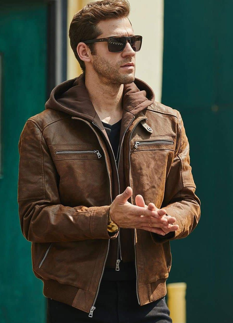 Brown Genuine Leather Jacket With A Removable Hood