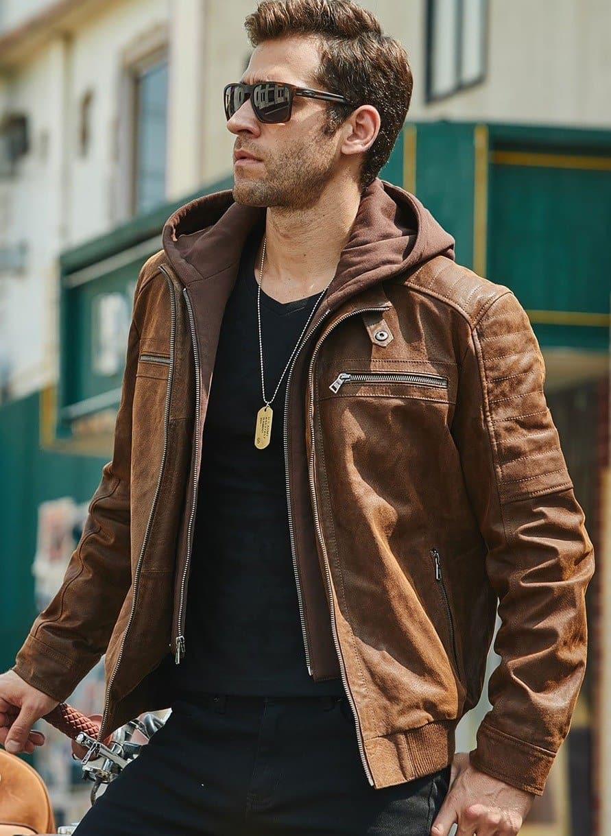 Brown Genuine Leather Jacket With A Removable Hood