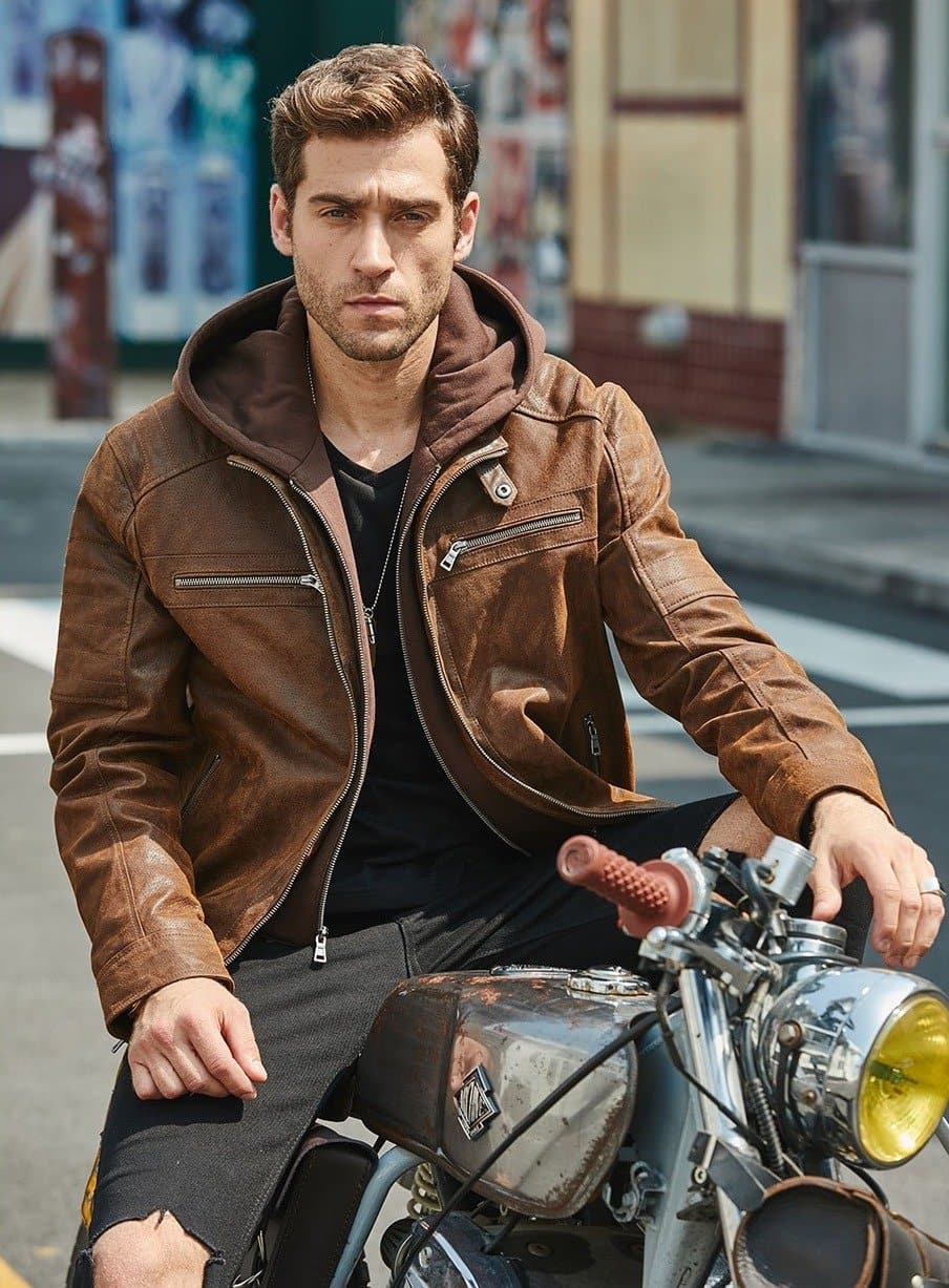 Brown Genuine Leather Jacket With A Removable Hood