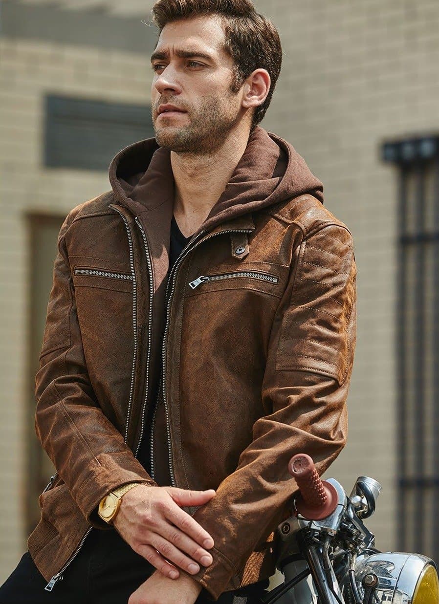 Brown Genuine Leather Jacket With A Removable Hood