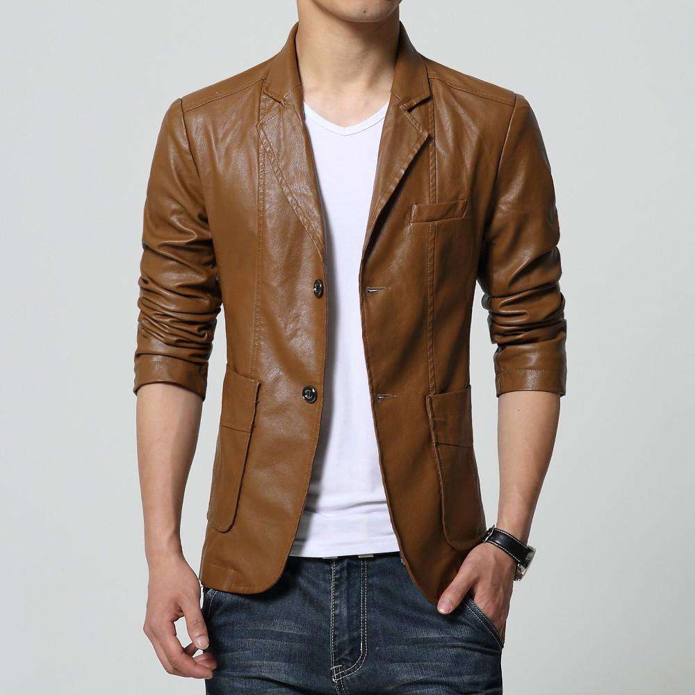 Turn-down Collar Slim Long Sleeve Two Buttons Leather Jacket