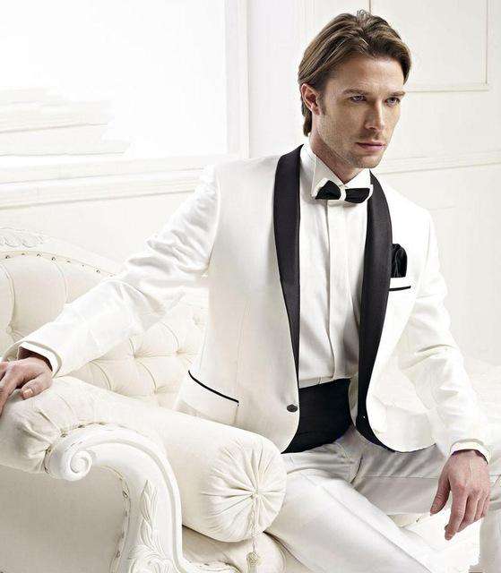 Ivory Tuxedo With Black Lapel Slim Fit Suit ( jacket+Pants+tie)