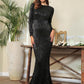 0-Neck High Waist Elastic Pleated Sequins Fishtail Shape Party Black Long Dress