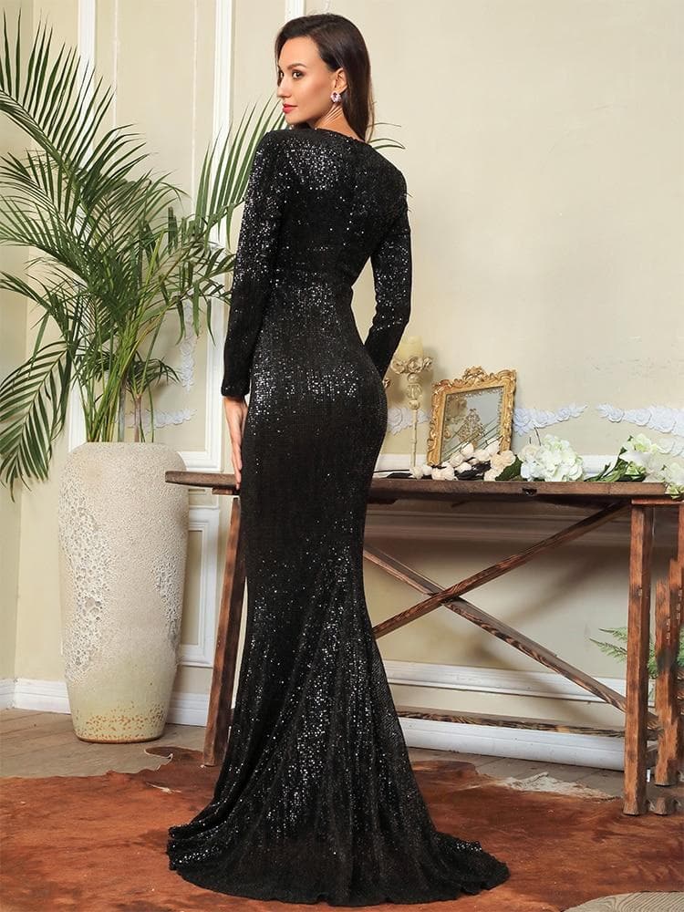 0-Neck High Waist Elastic Pleated Sequins Fishtail Shape Party Black Long Dress