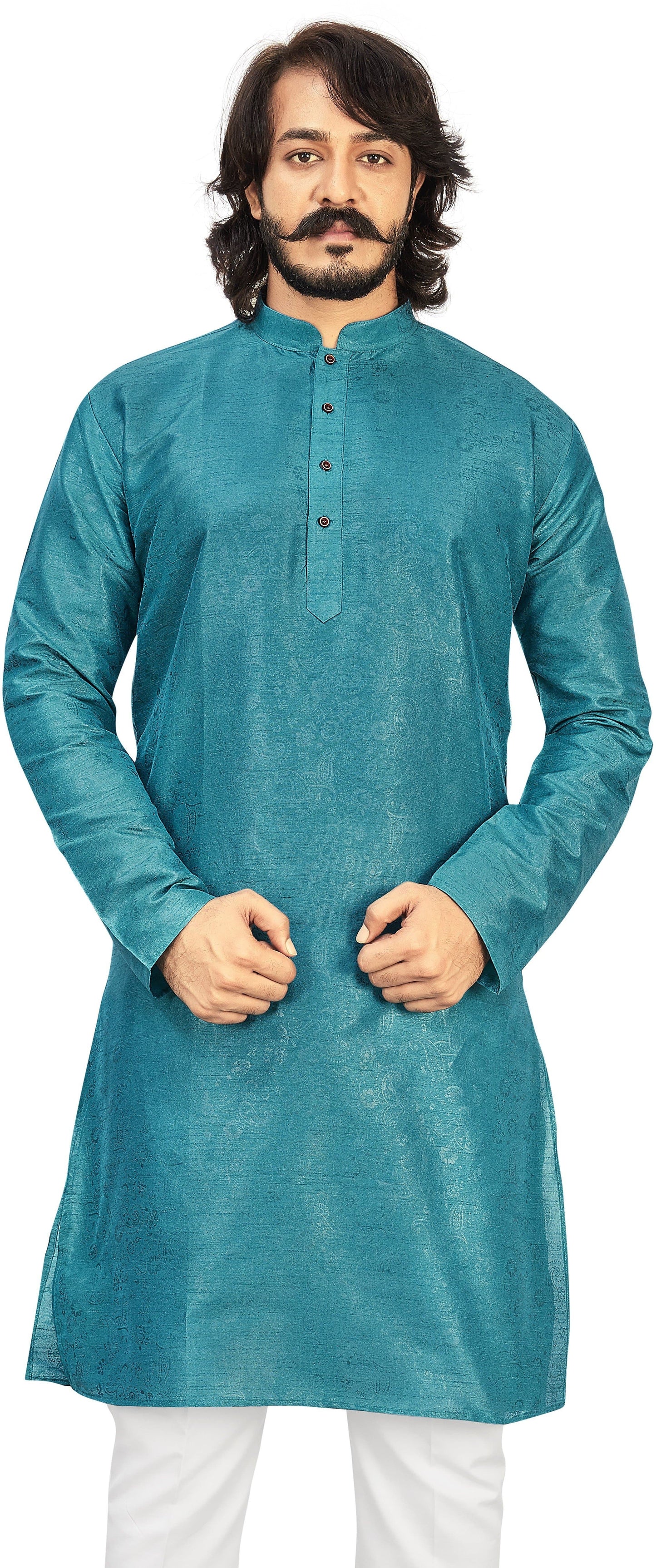 Self Design Mandarin Collar Knee Length Straight Kurta