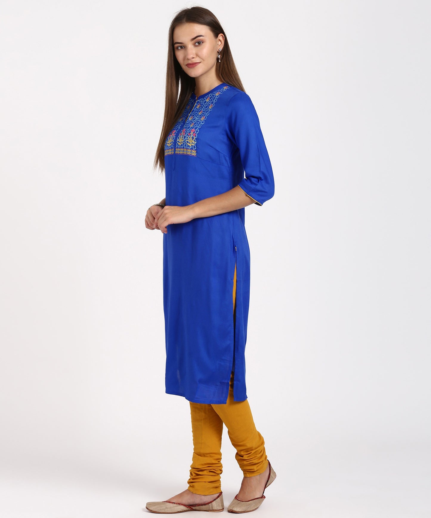 Blue Mandarin Neck Embroidered Straight Kurta