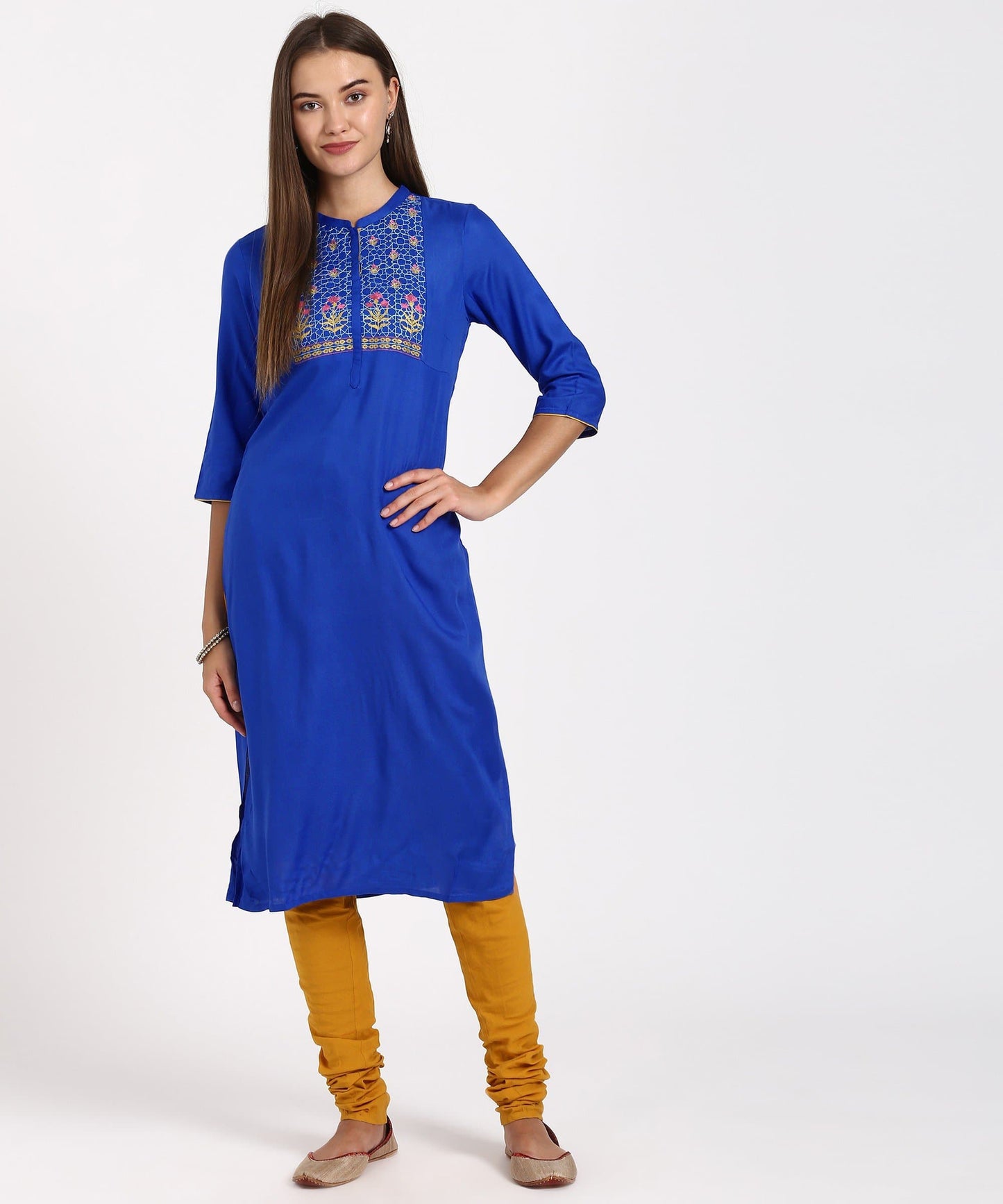 Blue Mandarin Neck Embroidered Straight Kurta