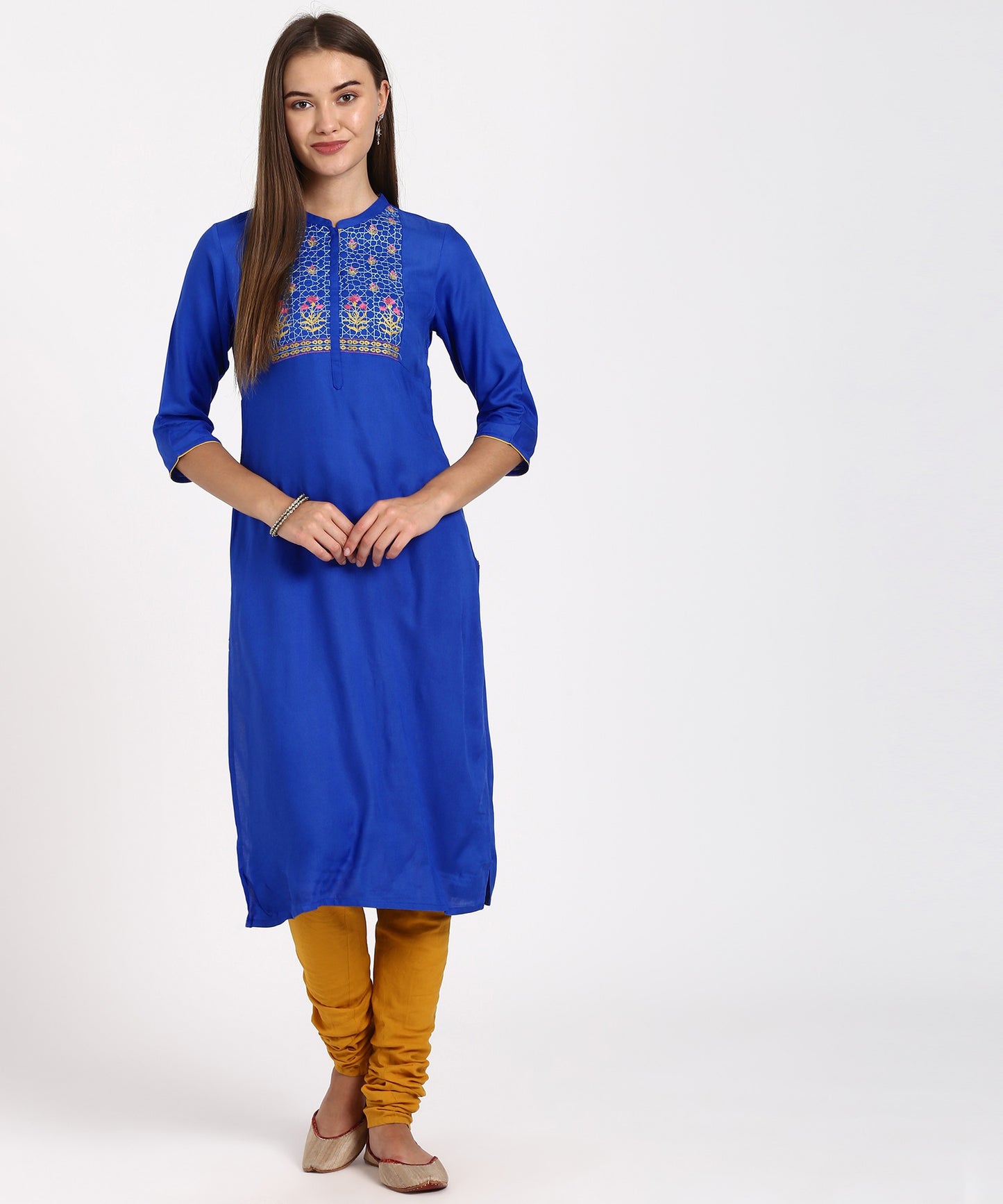 Blue Mandarin Neck Embroidered Straight Kurta