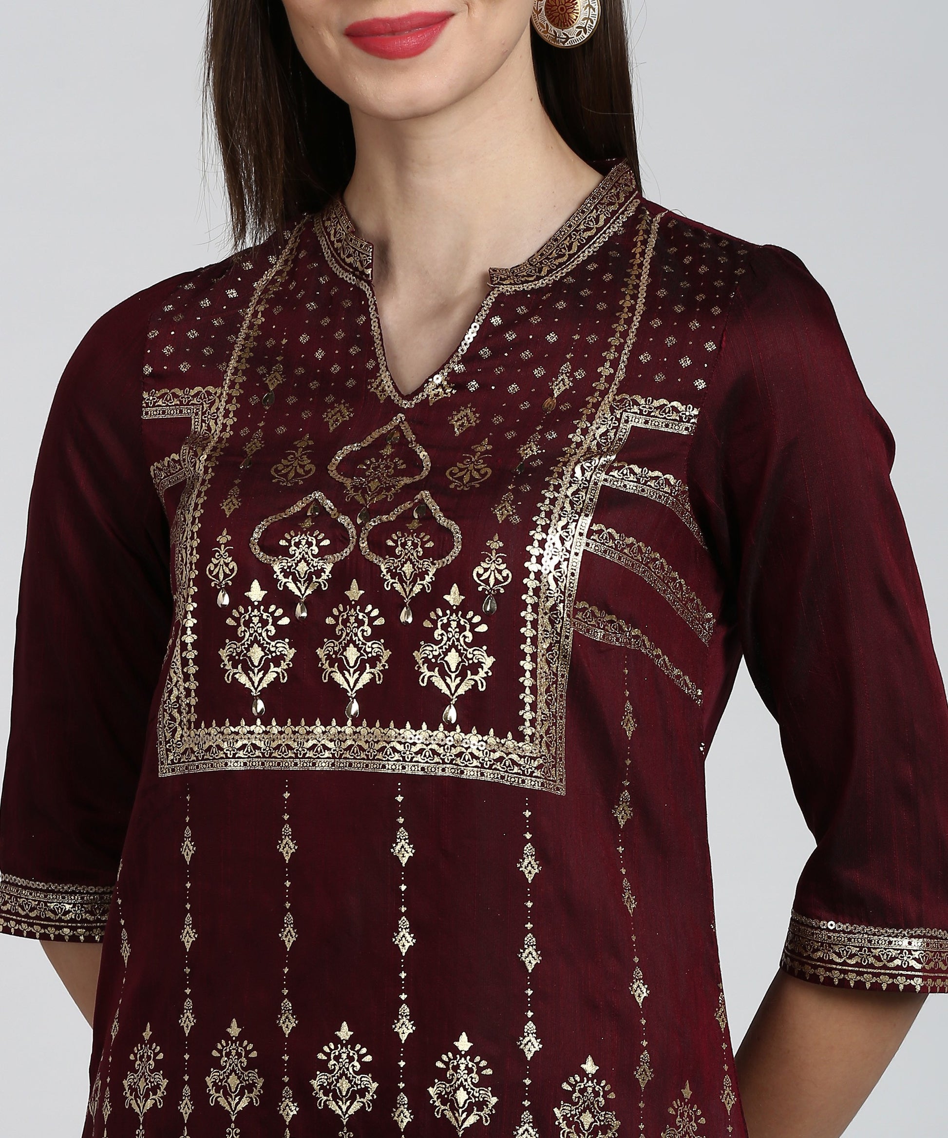 Maroon Printed Calf Length Mandarin Collar Straight Kurta