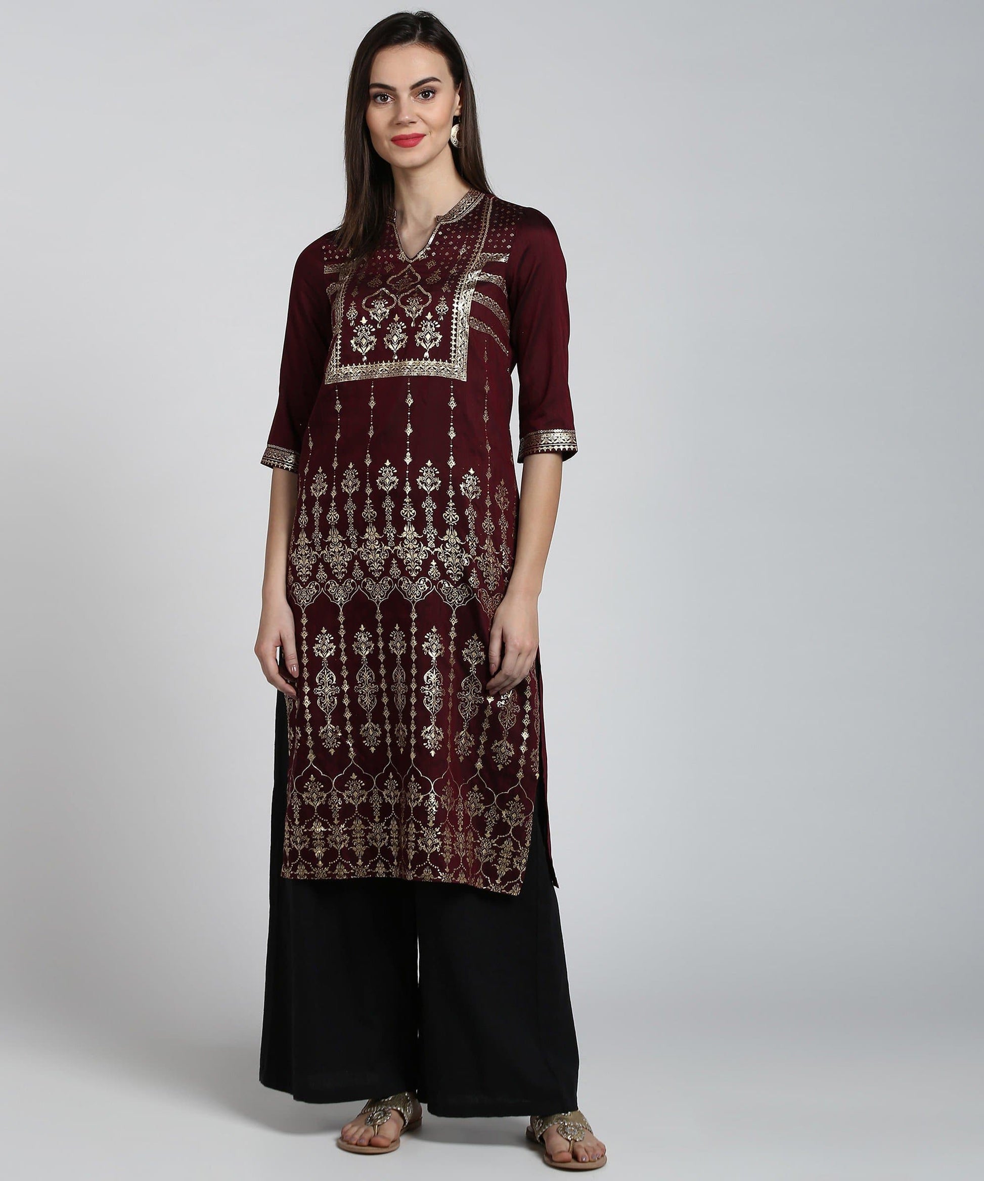 Maroon Printed Calf Length Mandarin Collar Straight Kurta