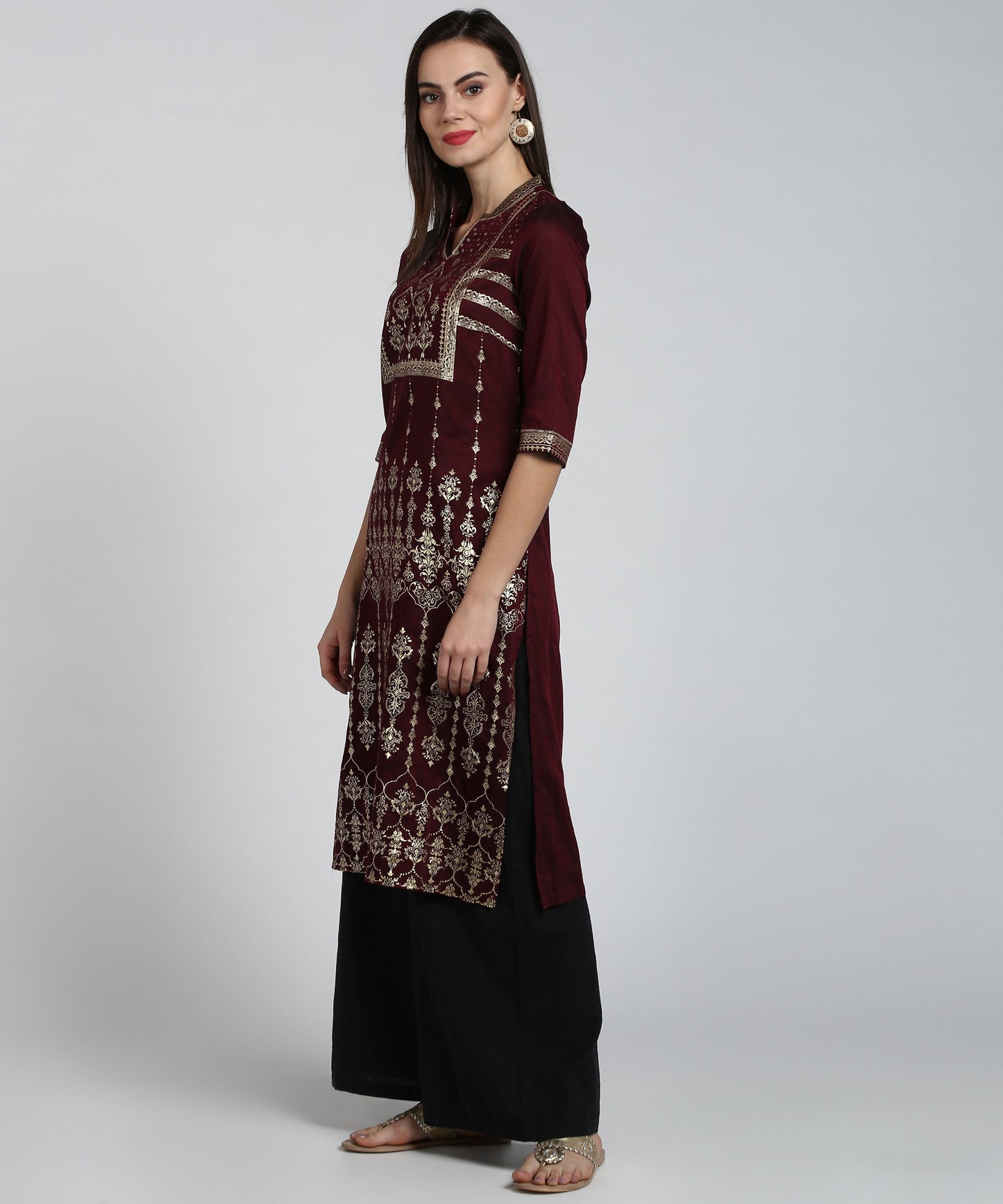 Maroon Printed Calf Length Mandarin Collar Straight Kurta