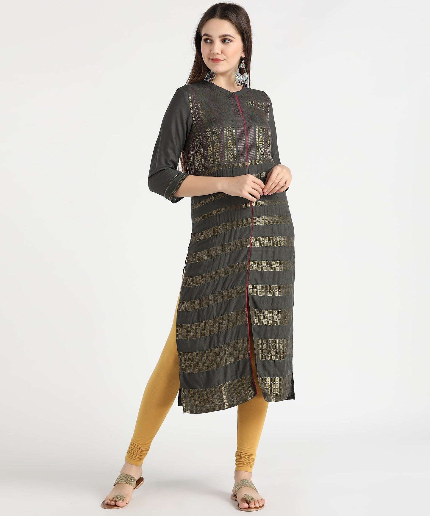 Grey Mandarin Collar Three Fourth Sleeve Self Design Frontslit Kurta