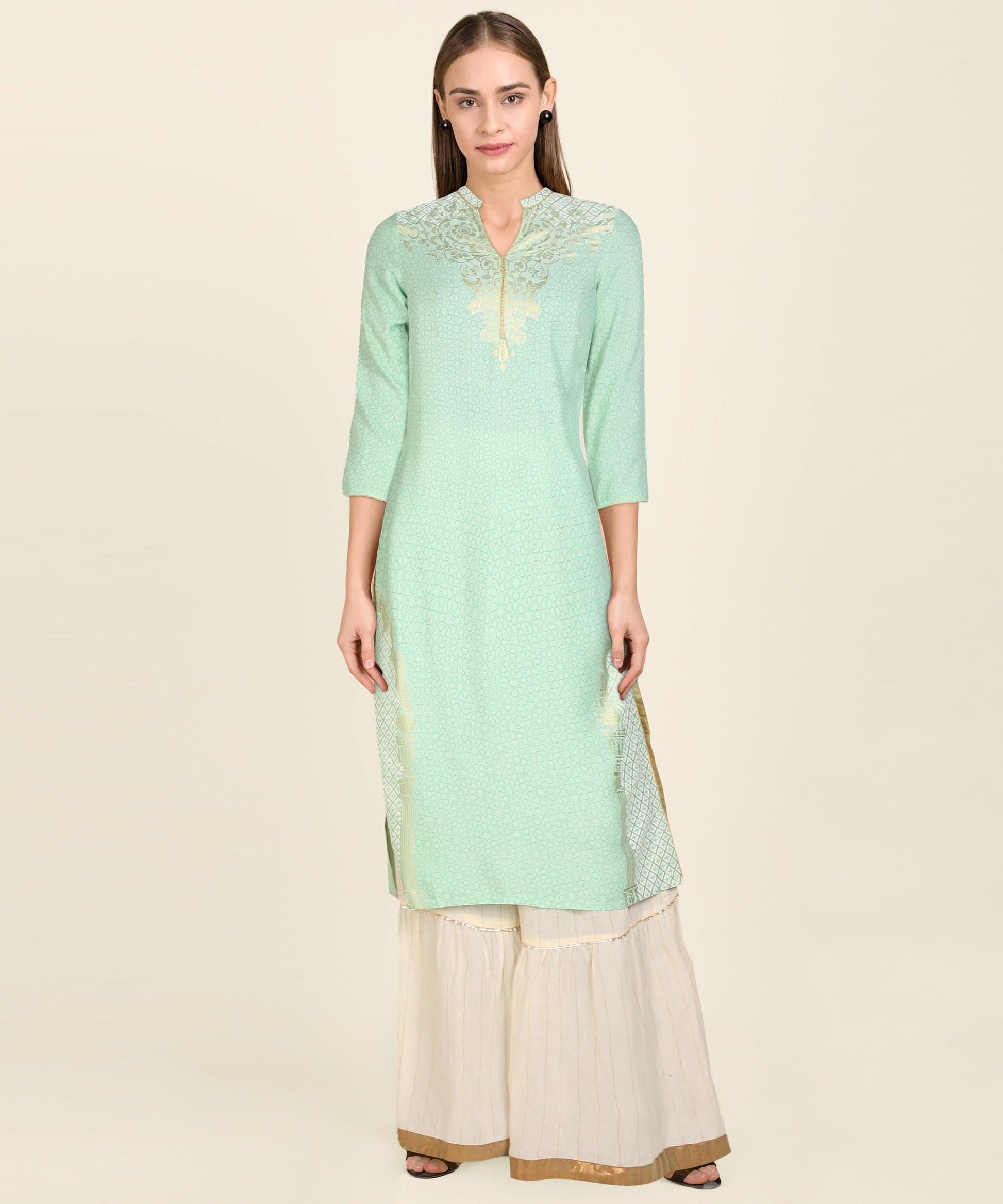 Light Green Three Fourth Sleeve Mandarin Collar Printed Straight Kurta
