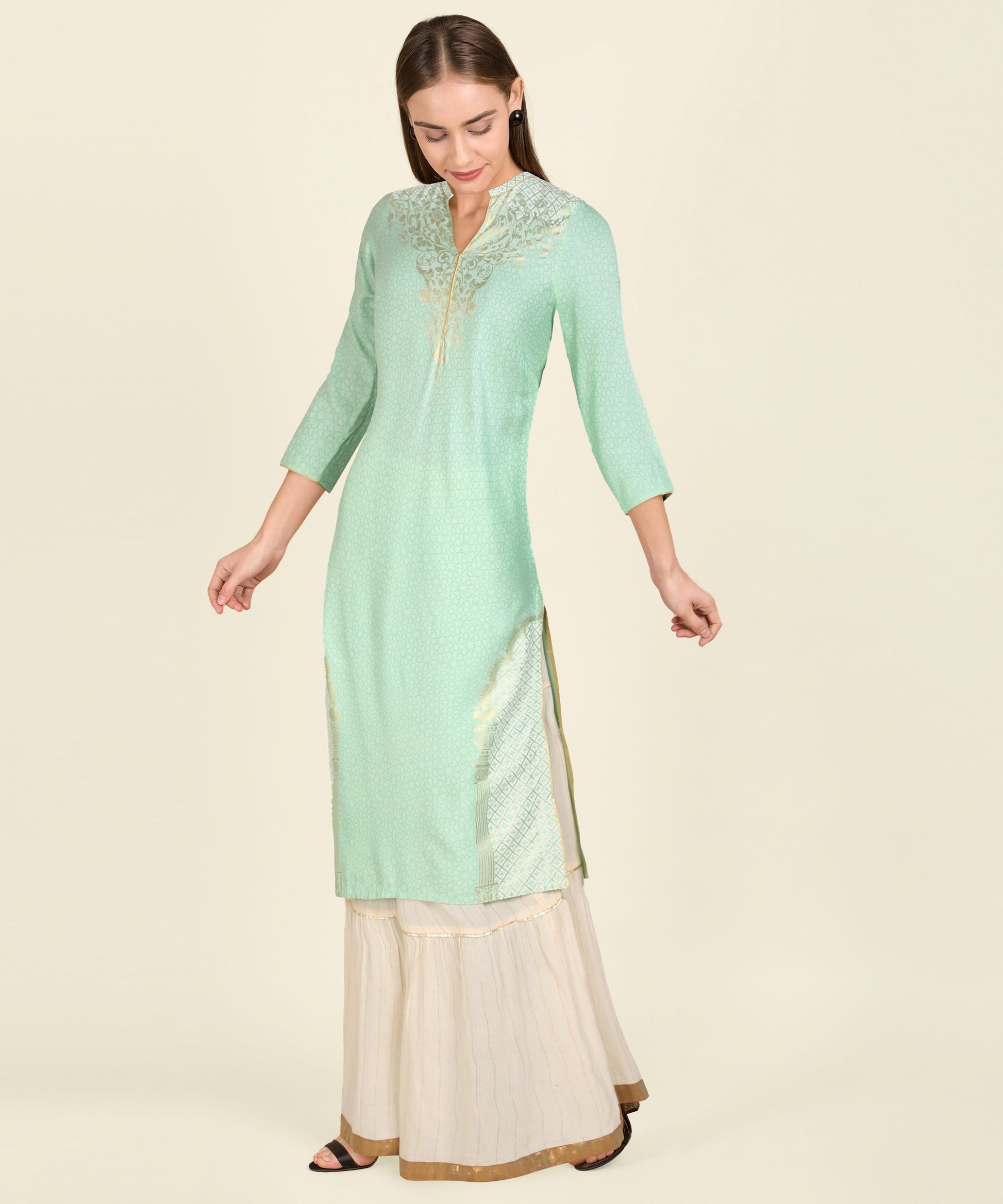 Light Green Three Fourth Sleeve Mandarin Collar Printed Straight Kurta