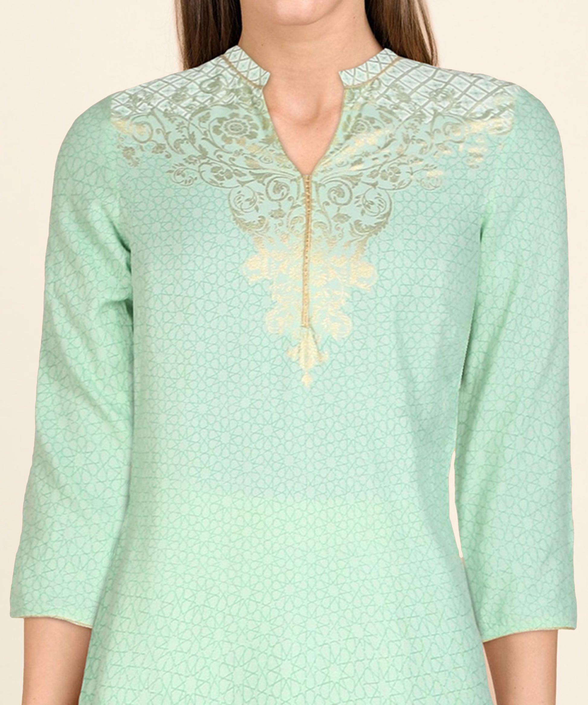 Light Green Three Fourth Sleeve Mandarin Collar Printed Straight Kurta