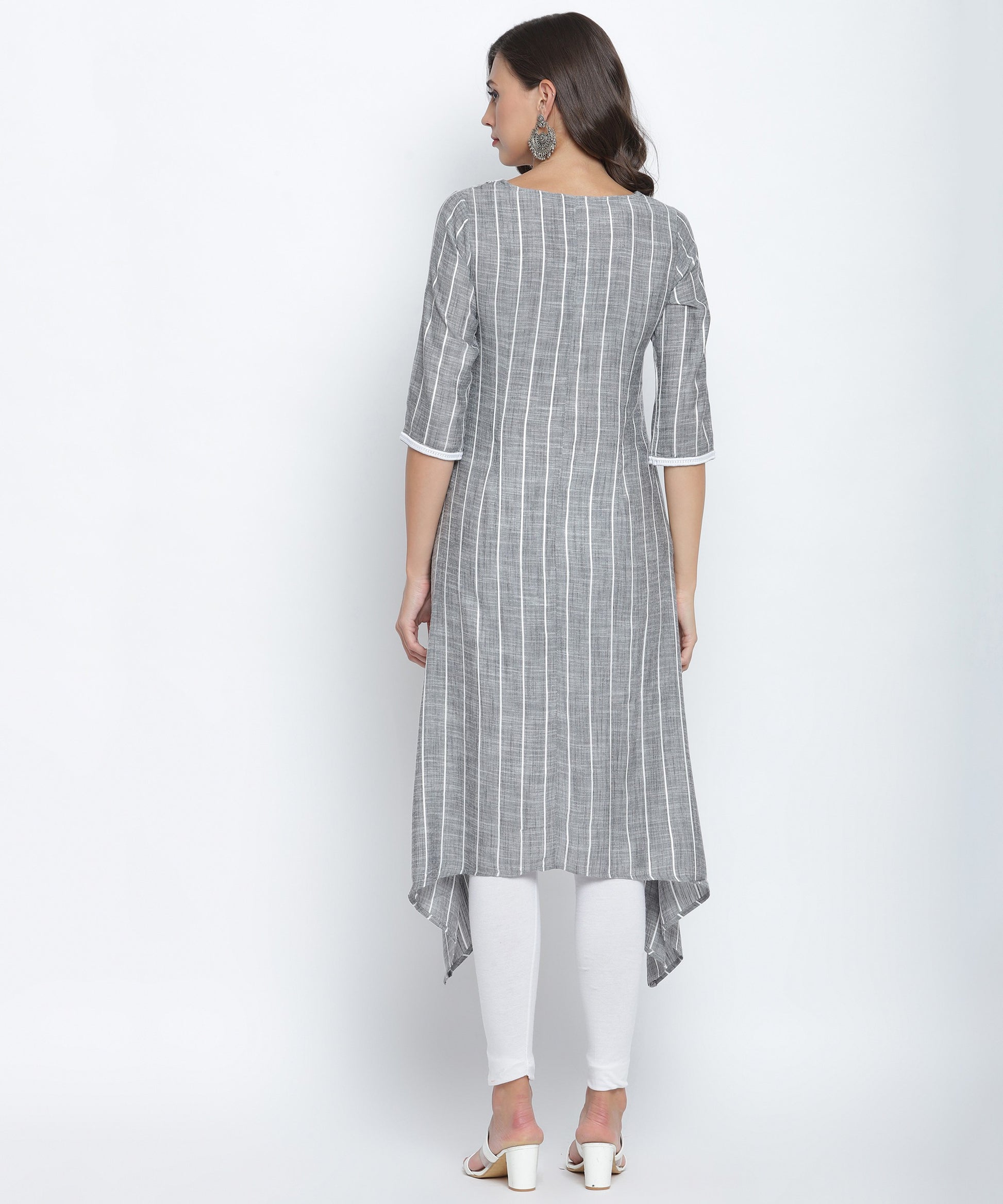 Charcoal Black V-Neck Striped High Low Kurta