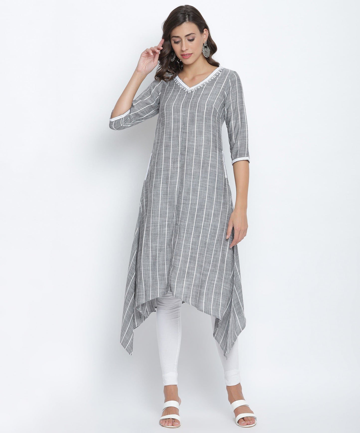 Charcoal Black V-Neck Striped High Low Kurta