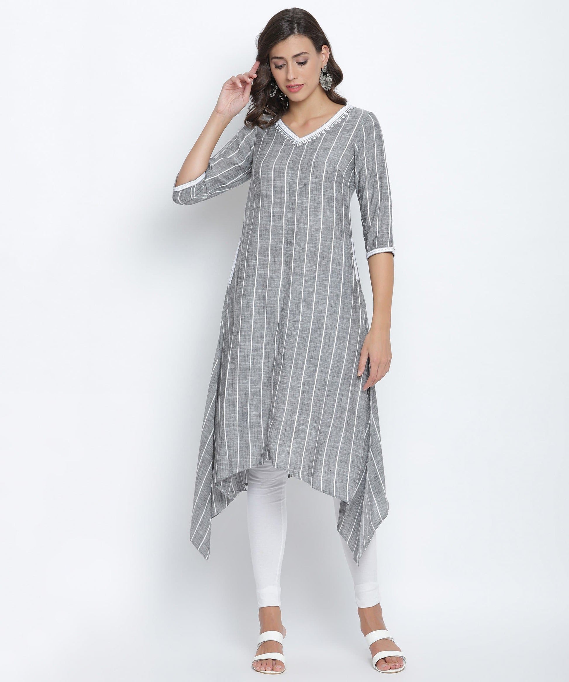 Charcoal Black V-Neck Striped High Low Kurta