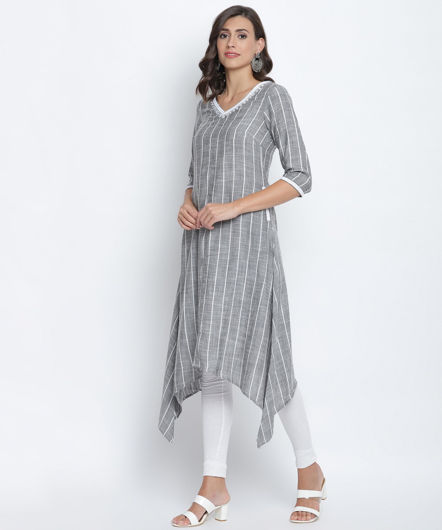 Charcoal Black V-Neck Striped High Low Kurta