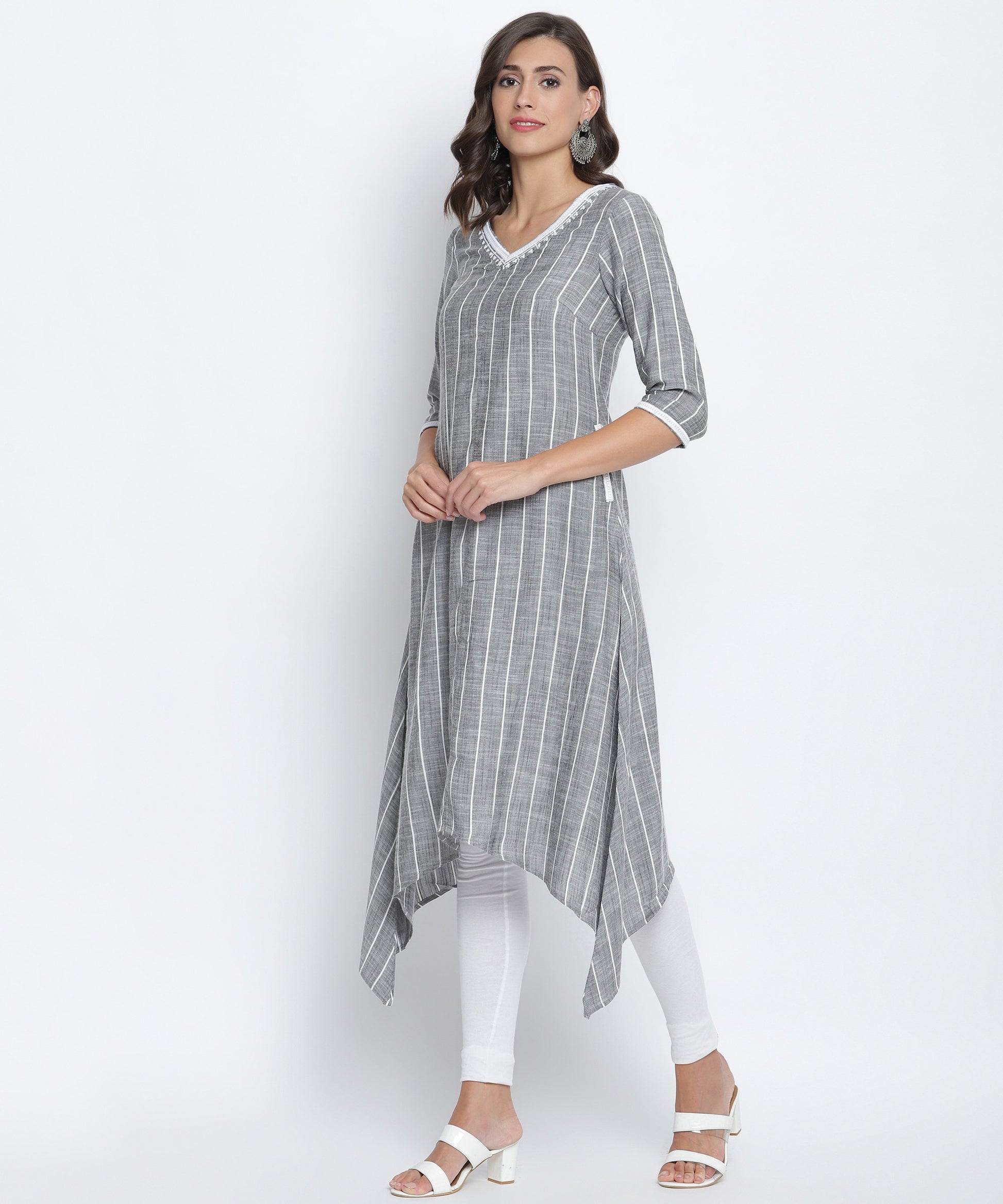 Charcoal Black V-Neck Striped High Low Kurta