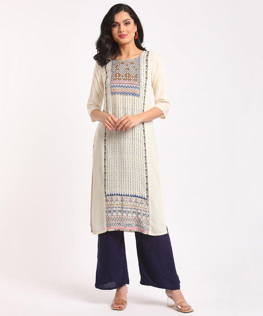 Round Neck Three Fourth Sleeve Printed Straight Kurta