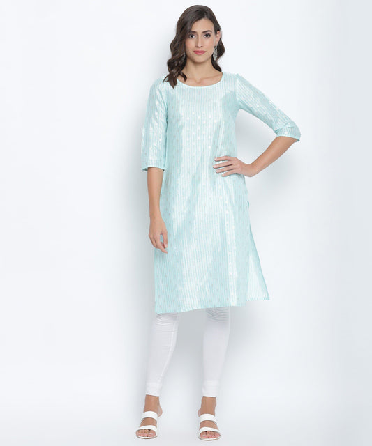 Blue Round Neck Printed Three Quarter Sleeve Straight Kurta