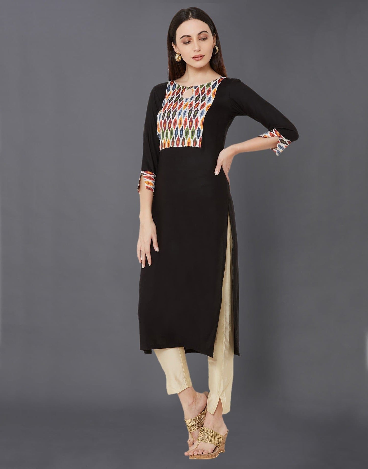 Chevron Zig Zag Geometric Print Keyhole Neckline Three Fourth Sleeve Straight Kurta