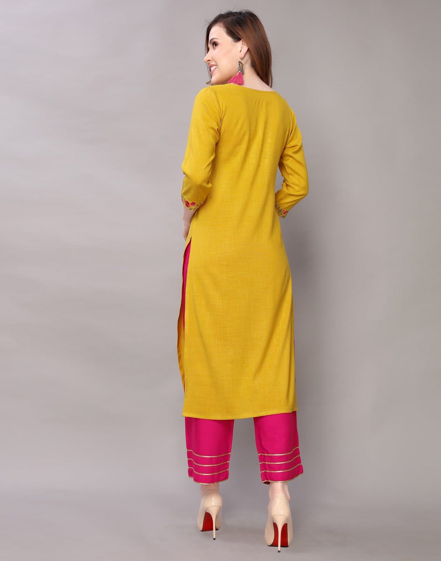 Yellow Calf Length Round Neck Three Fourth Sleeve Solid Embroidered Straight Kurta