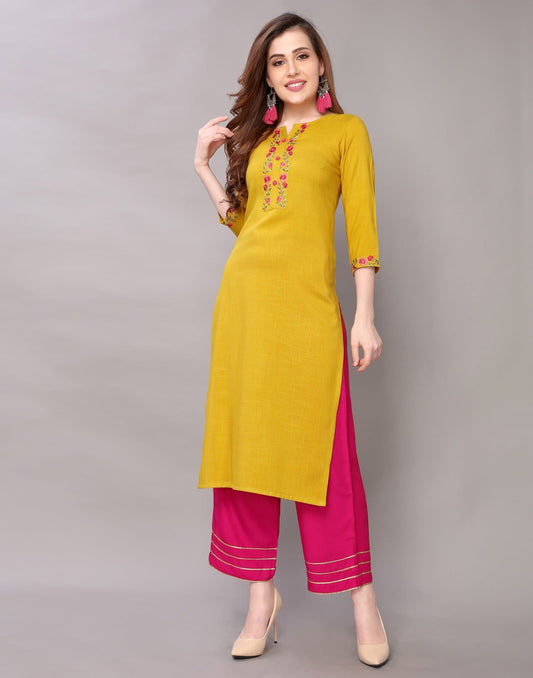 Yellow Calf Length Round Neck Three Fourth Sleeve Solid Embroidered Straight Kurta