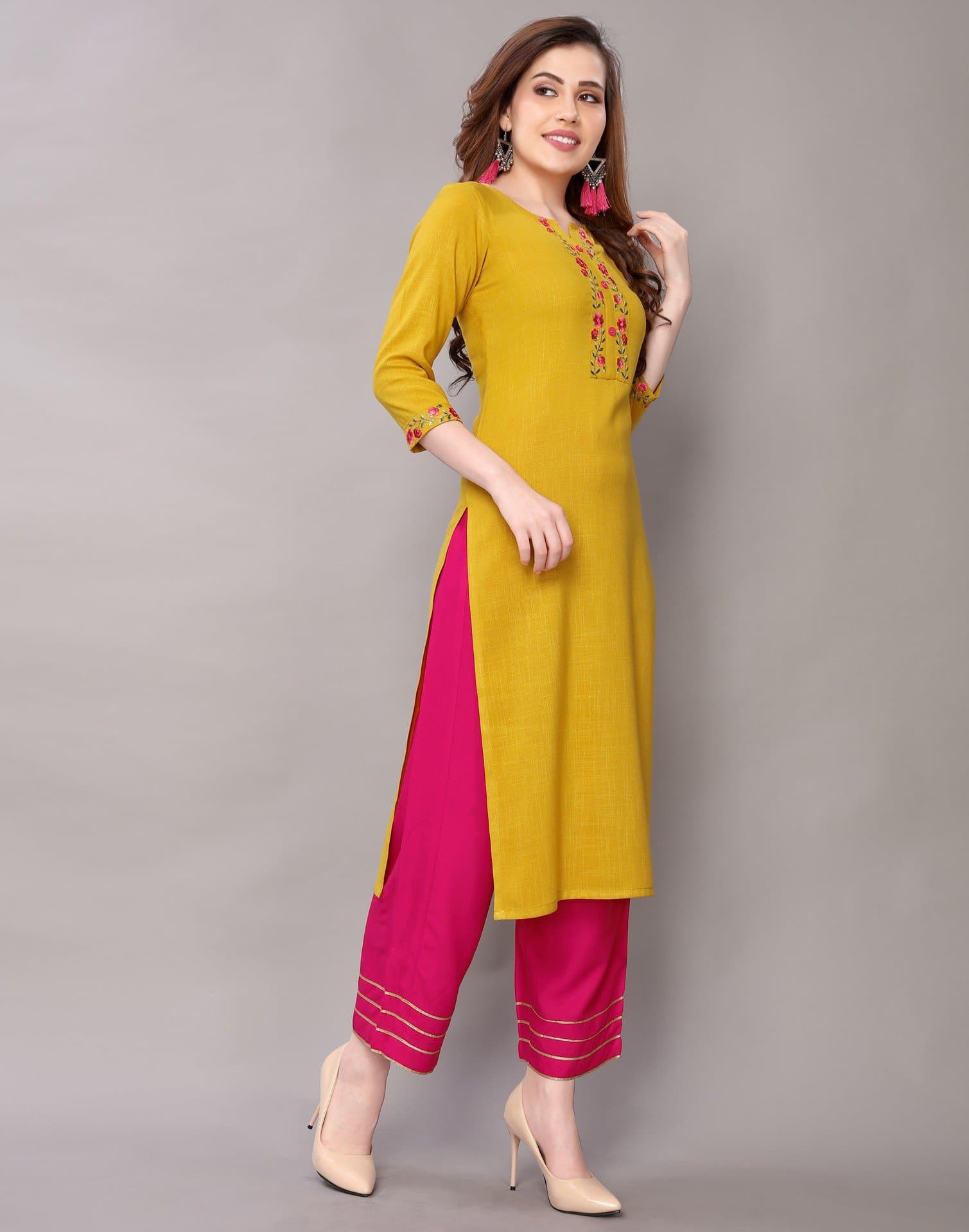 Yellow Calf Length Round Neck Three Fourth Sleeve Solid Embroidered Straight Kurta