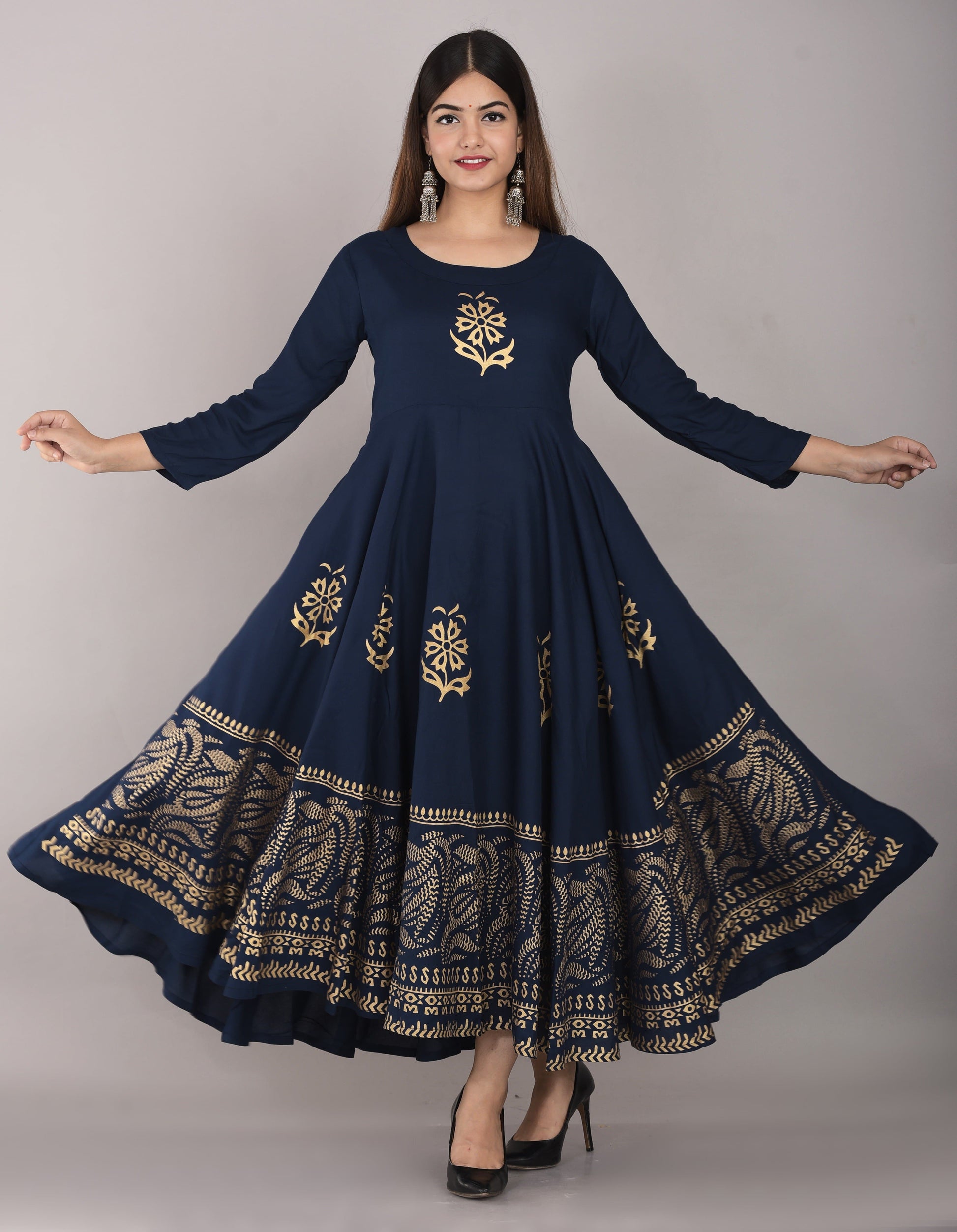 Round Neck Ankle Length Printed Flared Kurta