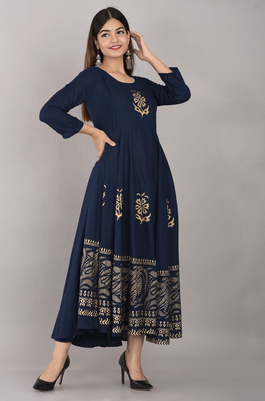 Round Neck Ankle Length Printed Flared Kurta
