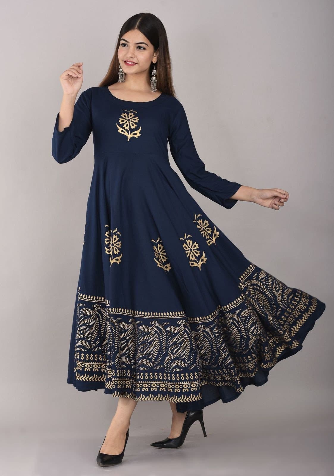 Round Neck Ankle Length Printed Flared Kurta