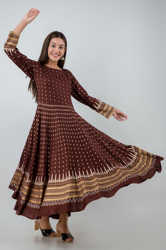 Round Neck Ankle Length Printed Flared Kurta
