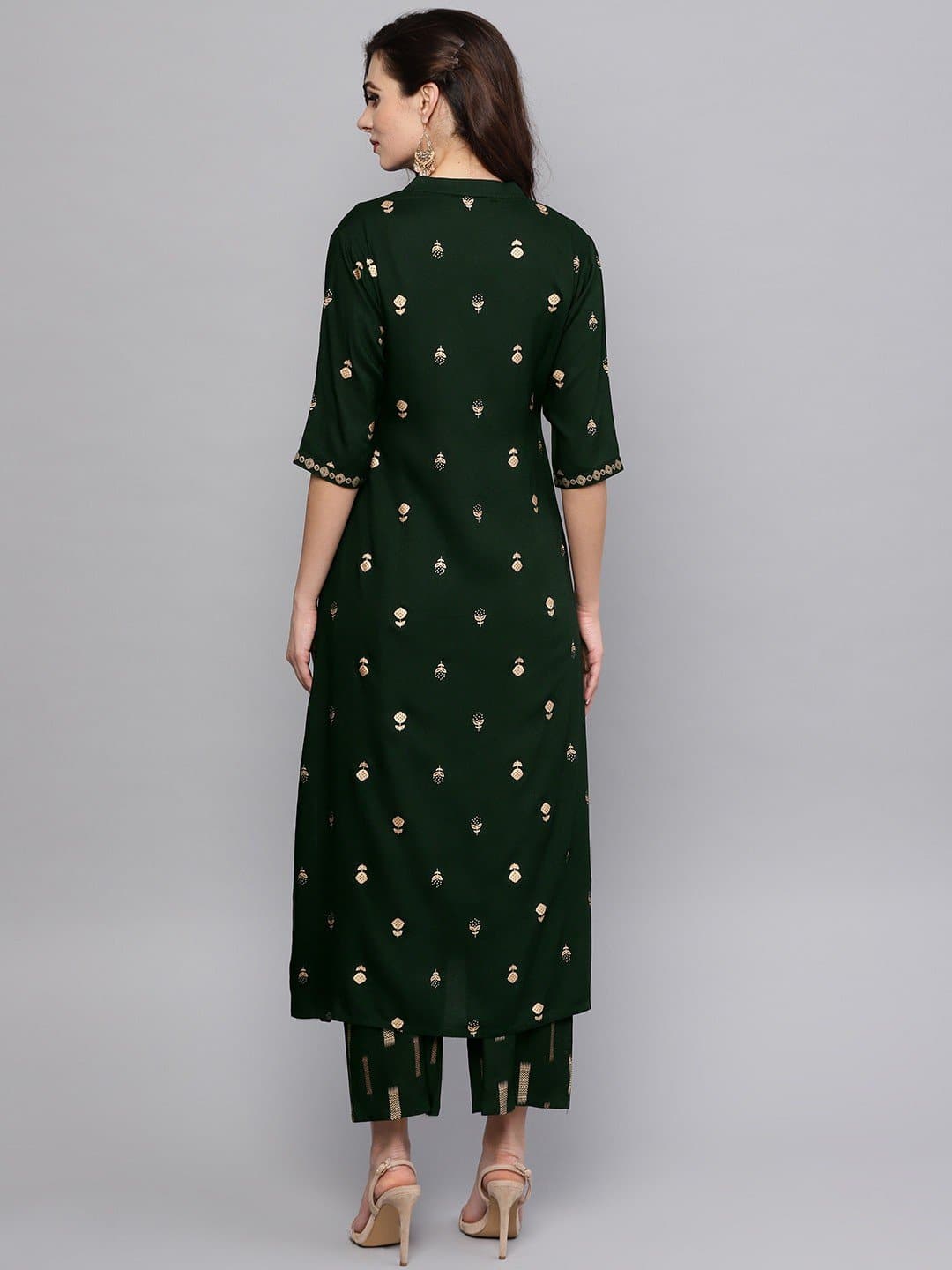 Green V-Neck Three Fourth Sleeve Kurta and Palazzo Set
