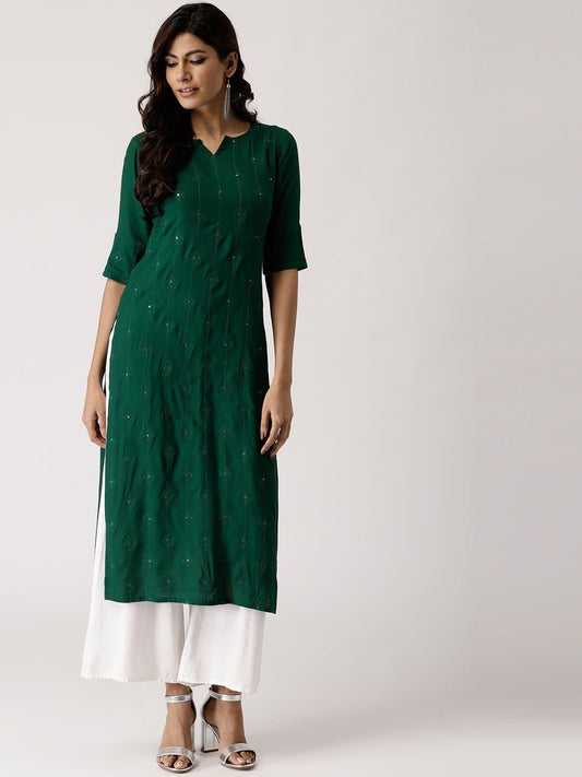 Green Asymmetric Neck Half Sleeve Embellished Straight Kurta