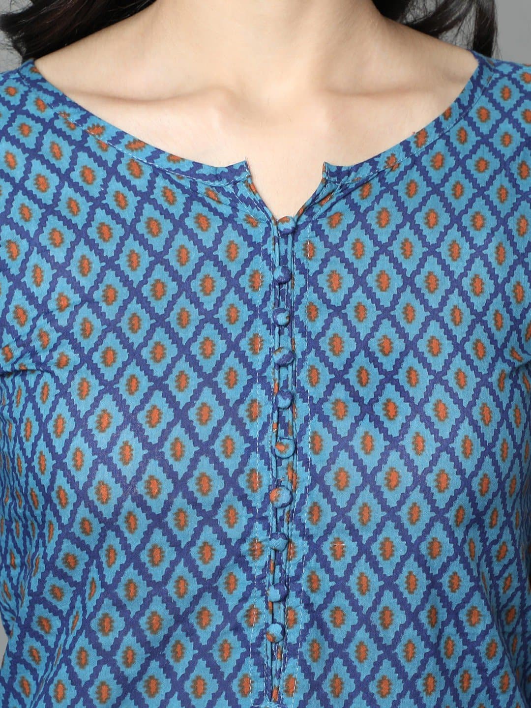 Blue V-Neck Printed Kurta and Pant Set