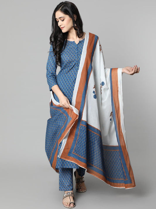 Blue V-Neck Printed Kurta and Pant Set