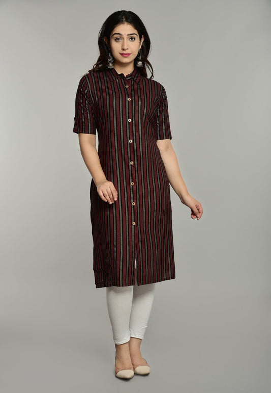 Shirt Collar Calf Length Printed Straight Kurta