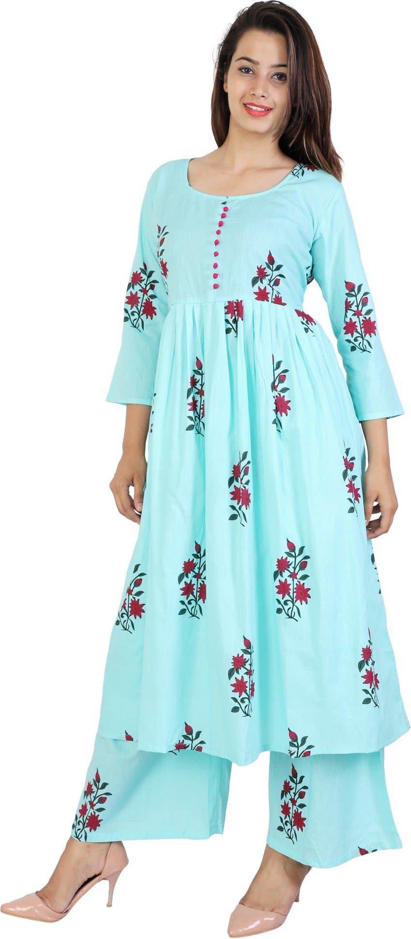 Blue Round Neck Printed Kurta and Palazzo Set